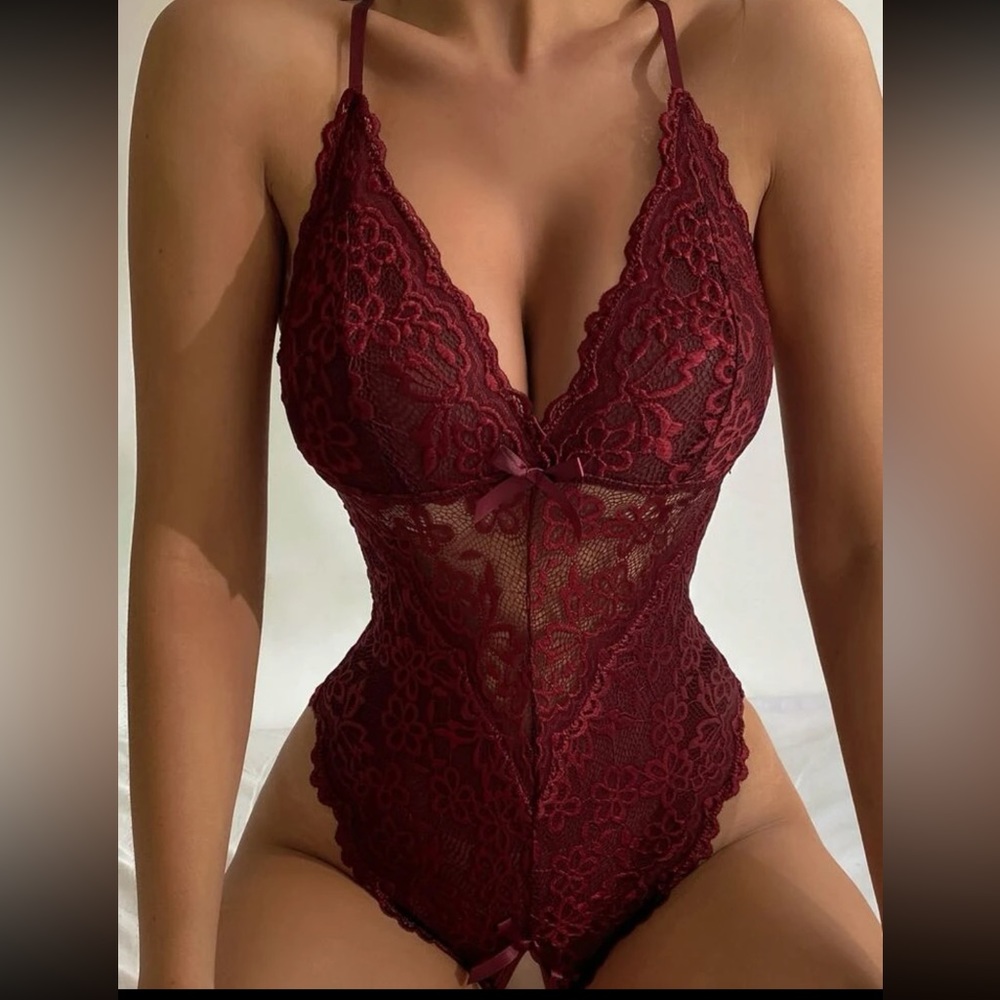 Red Wine Lace Crotchless Teddy Lingerie